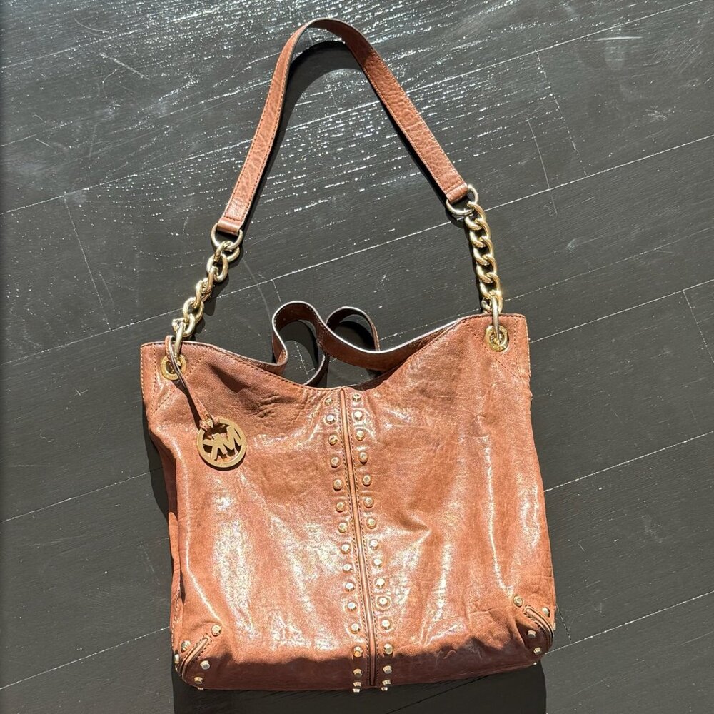 Brown Gold Studded Micheal Kors Bag